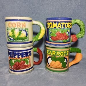 Vintage Hand Painted Vegetable Mugs Set Of 4 Carrots Peppers Corn Tomatoes *CHIP